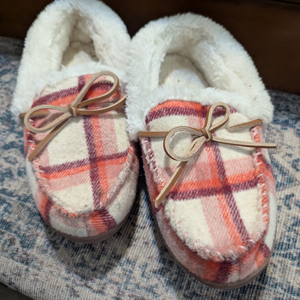 Plaid Fleece-Lined Slippers with Bow